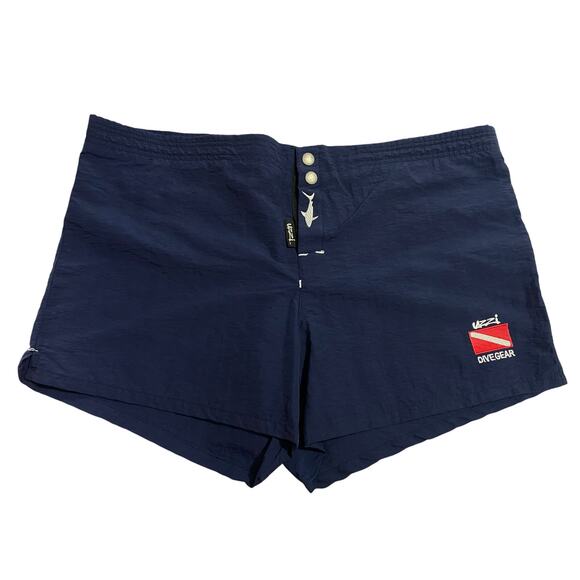 Vintage Uzzi Lifeguard Gear Shorts Size S Navy Blue Made in USA Button Fly Logo - Picture 1 of 6
